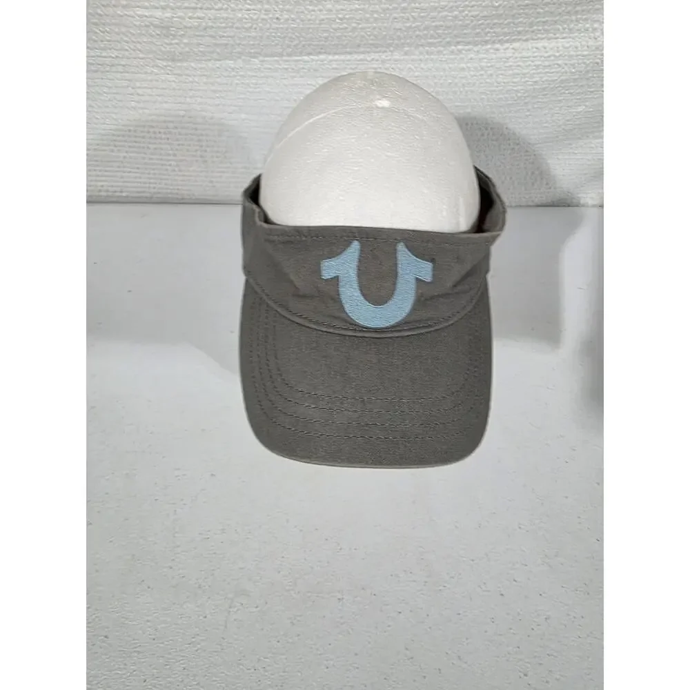 True Religion Sample Visor Hat Gray Blue Horseshoe Logo Leather Strap Paramount